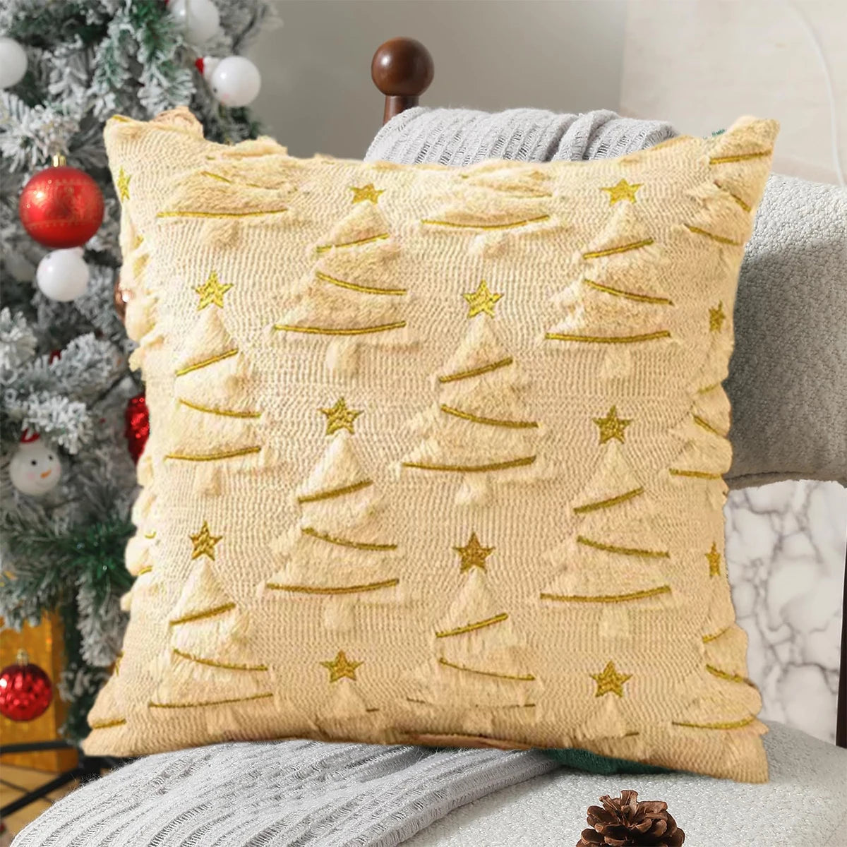Atica Christmas Tree Pillow Cover 18x18 - Plush Velvet with Gold Stars