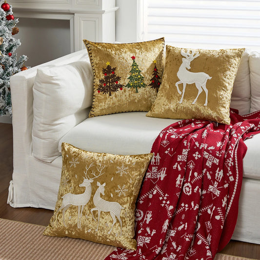 Pintara Christmas Pillow Cover 18x18 - Gold Velvet with Embroidered Designs
