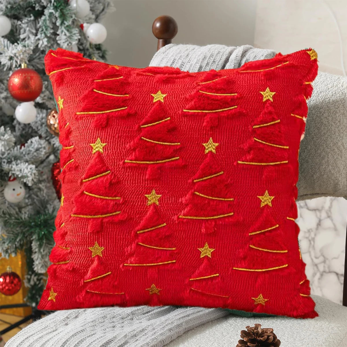 Atica Christmas Tree Pillow Cover 18x18 - Plush Velvet with Gold Stars