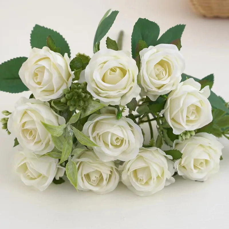 Romansia 10 Heads Rose Bouquet - Artificial Silk Flowers for Wedding Decor