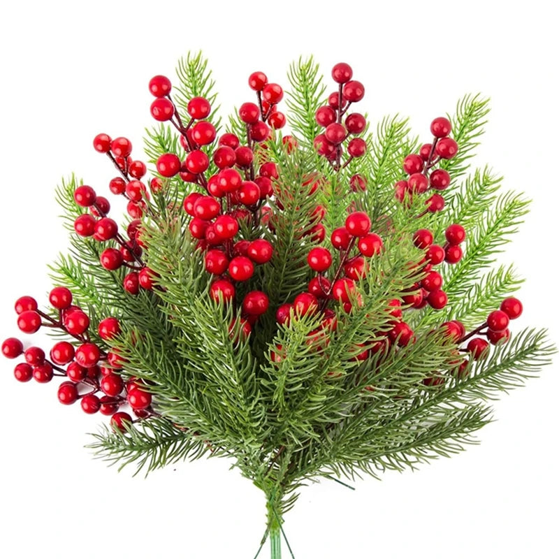 Merri 10Pcs Artificial Pine Branches Holly Berries - Christmas Tree Decoration