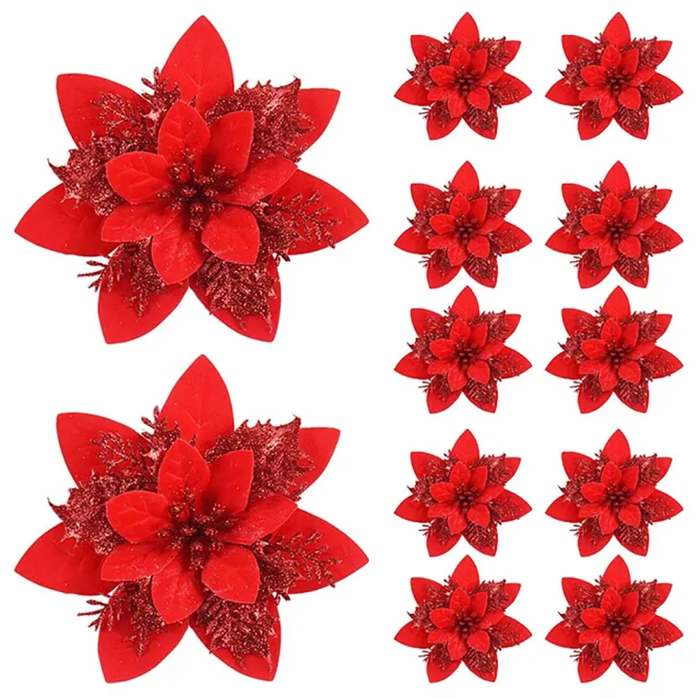 Horace 14.5cm Glitter Christmas Flower Ornaments - Artificial Tree Decorations in Pink, Red, Gold