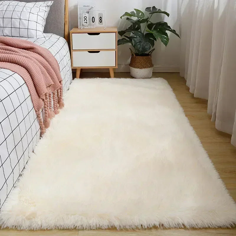 Miko Fluffy Faux Sheepskin Rug - Cream White Faux Fur Floor Mat