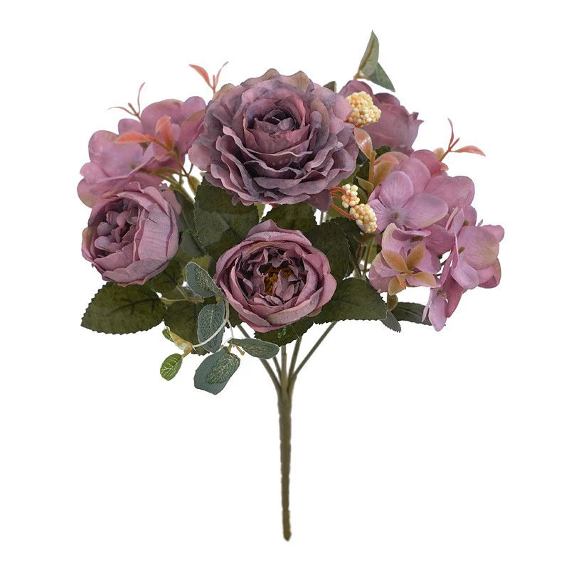 Purple silk rose bouquet for table centerpiece