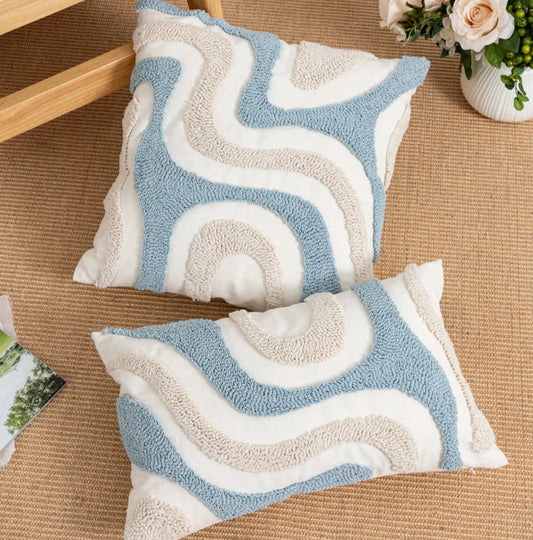 Tamara Boho Blue White Geometric Loop Velvet Pillow Cover - Decorative Cushion