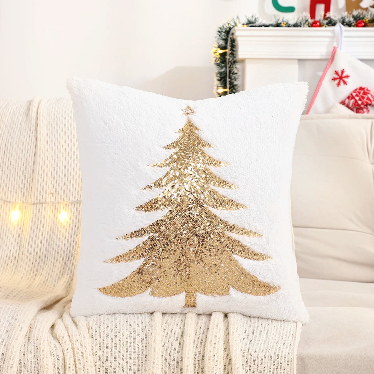 Hana Gold Sequin Christmas Tree Pillow Cover - Plush Embroidered Throw Cushion