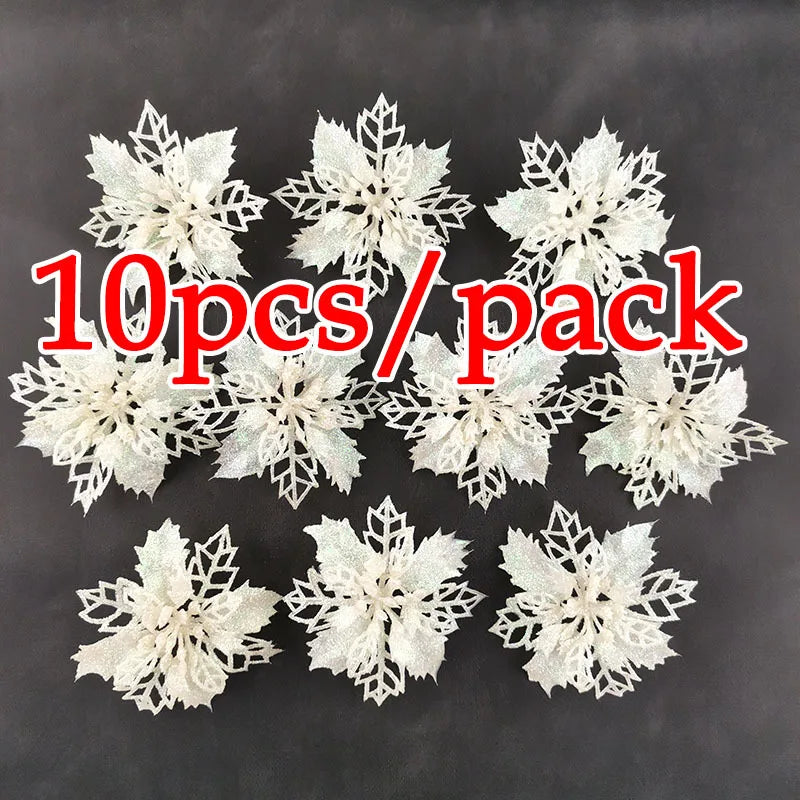 Maison 10Pcs Glitter Christmas Flower Ornaments - 8cm Artificial Holiday Tree Decorations