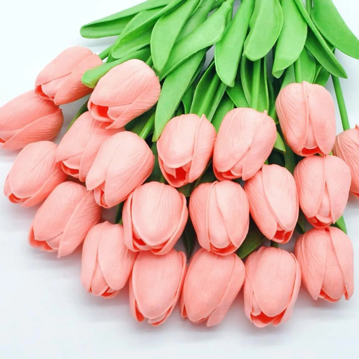 Coral pink artificial tulip bouquet - realistic 10-piece set