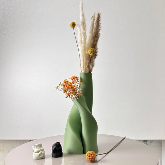 Plastic matcha green double vase with dried flowers arrangement display