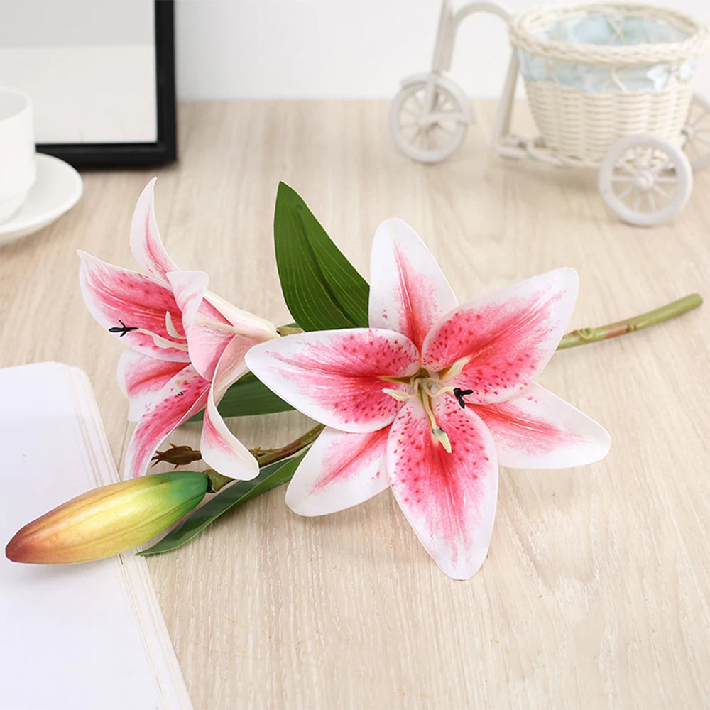 Realistic pink artificial lily -double head  flower