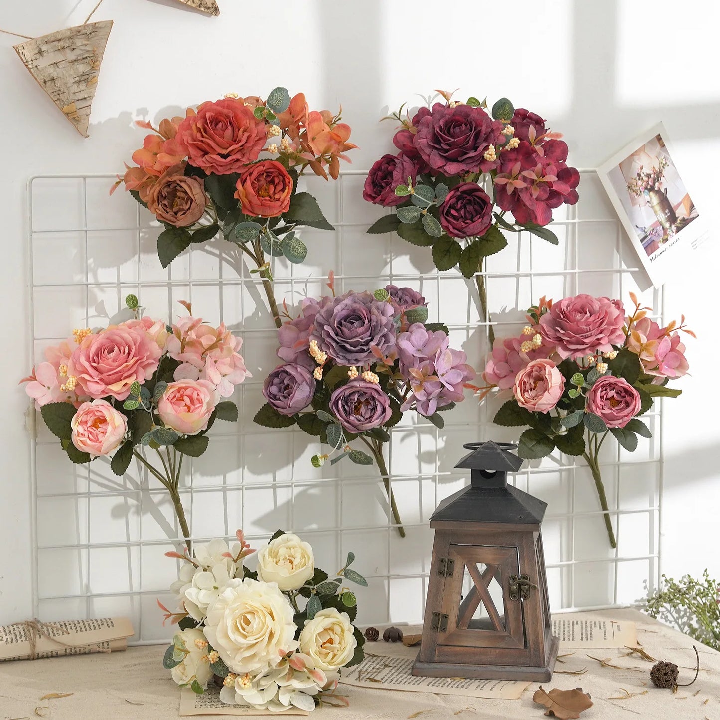 Vintage rose and hydrangea artificial flower arrangement