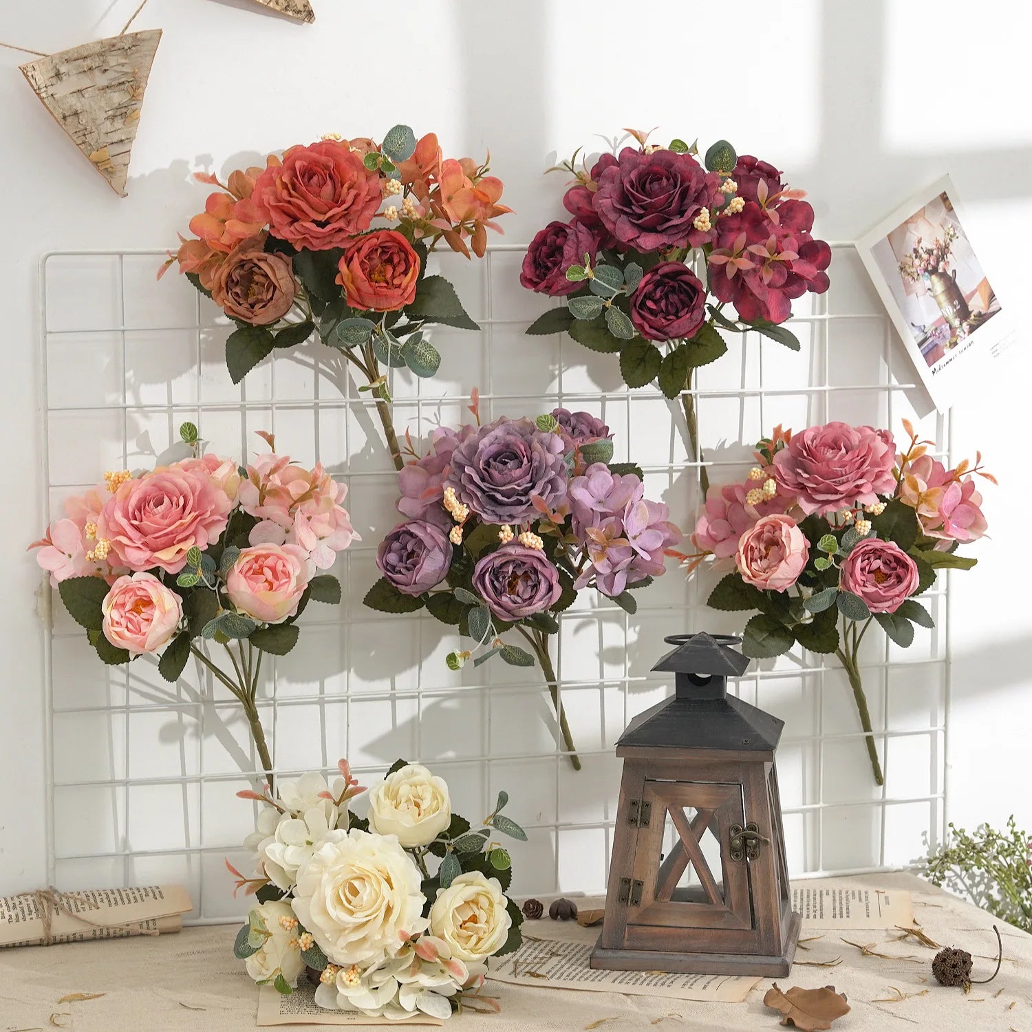 Vintage rose and hydrangea artificial flower arrangement