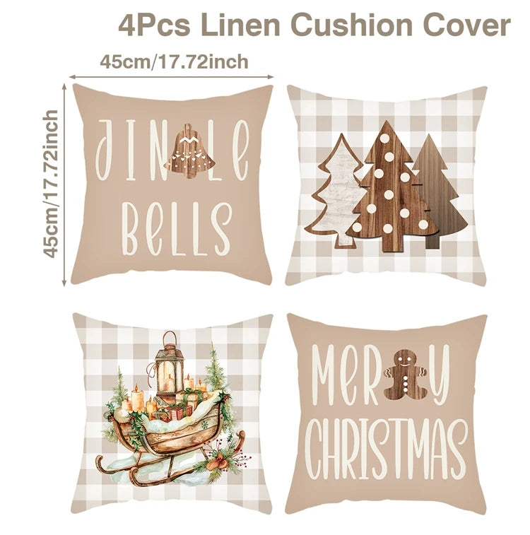 Zenara 4Pcs Christmas Linen Cushion Covers - Holiday Pillowcases