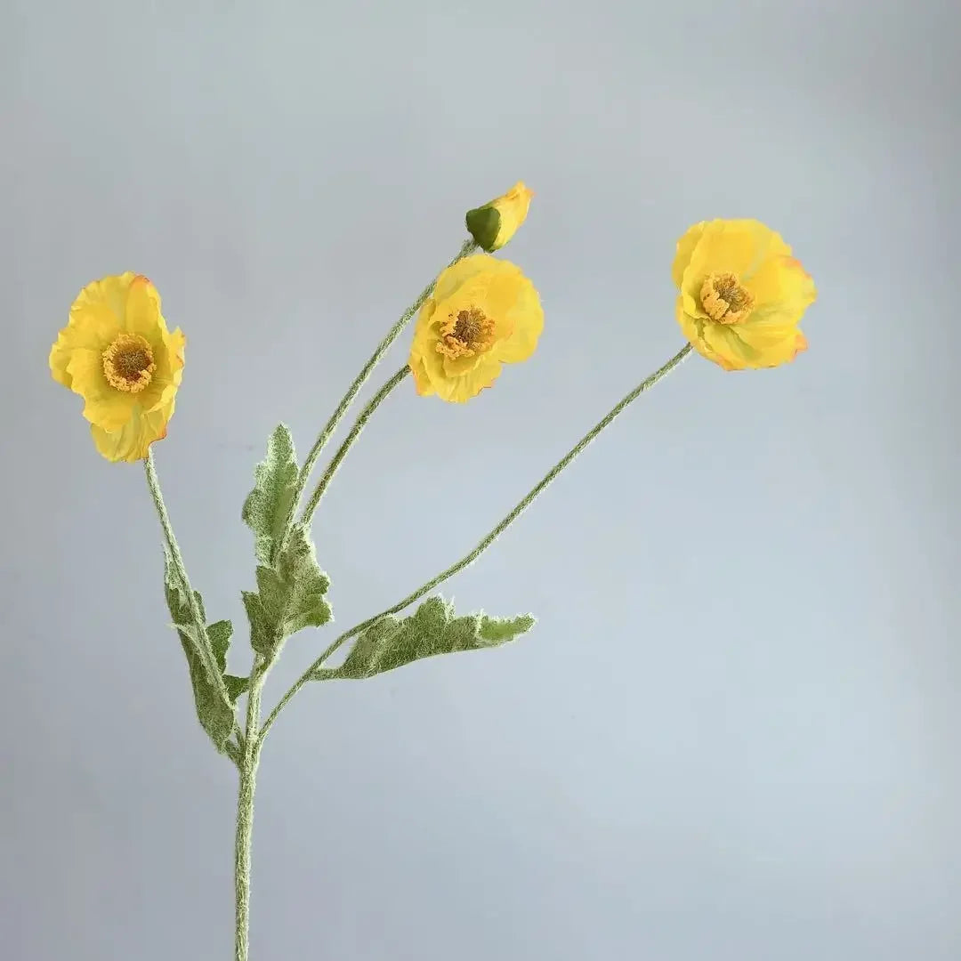 Valencia artificial poppy flowers yellow silk long stem bunch side angle