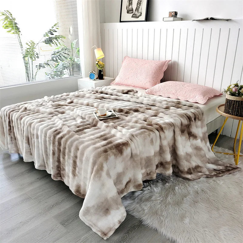 Gloria Premium Faux Rabbit Fur Throw Blanket - Ultra-Soft Tie-Dye Plush for Sofa & Bed