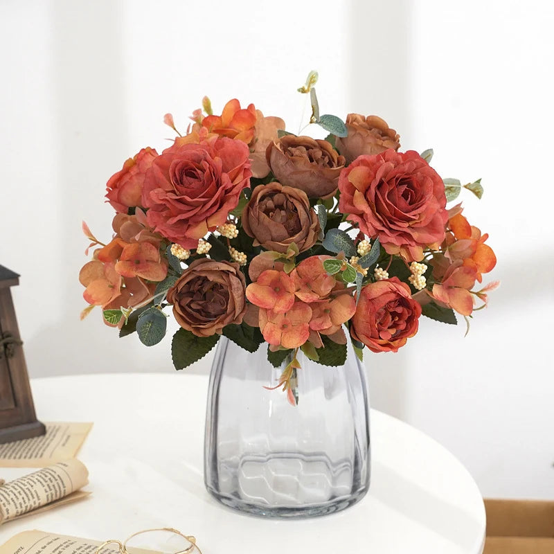 Orange and burgundy artificial hydrangea peony bouquet for home decor