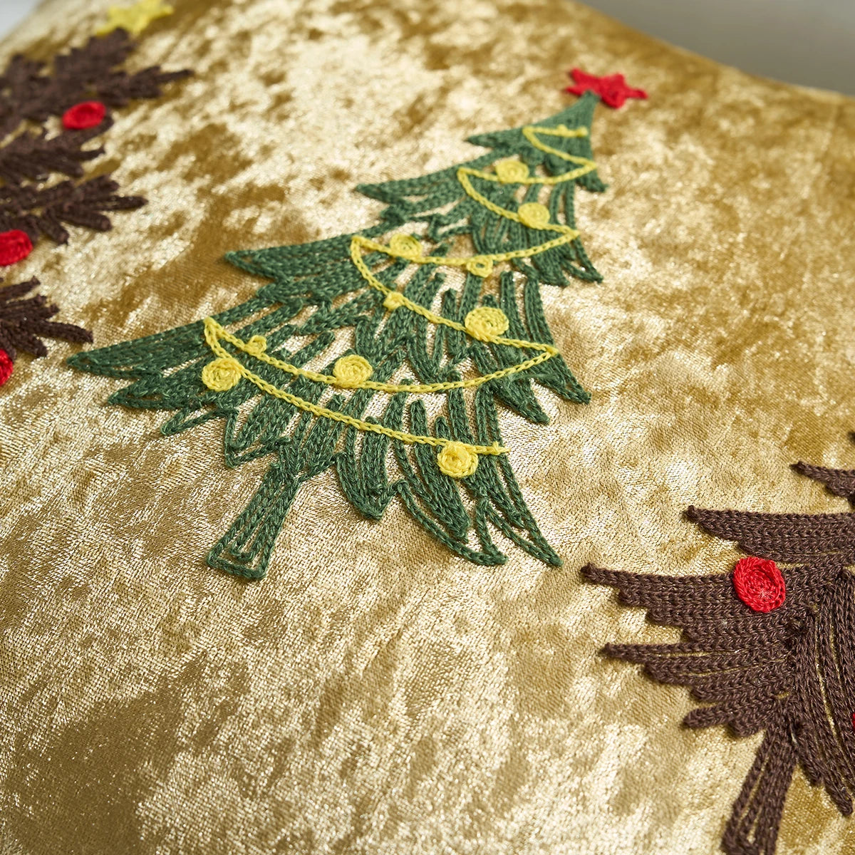 Pintara Christmas Pillow Cover 18x18 - Gold Velvet with Embroidered Designs