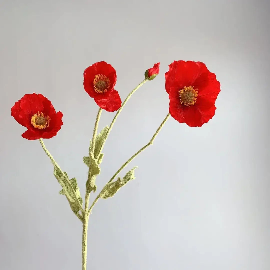 Valencia artificial poppy flowers red silk stem bunch on dark background