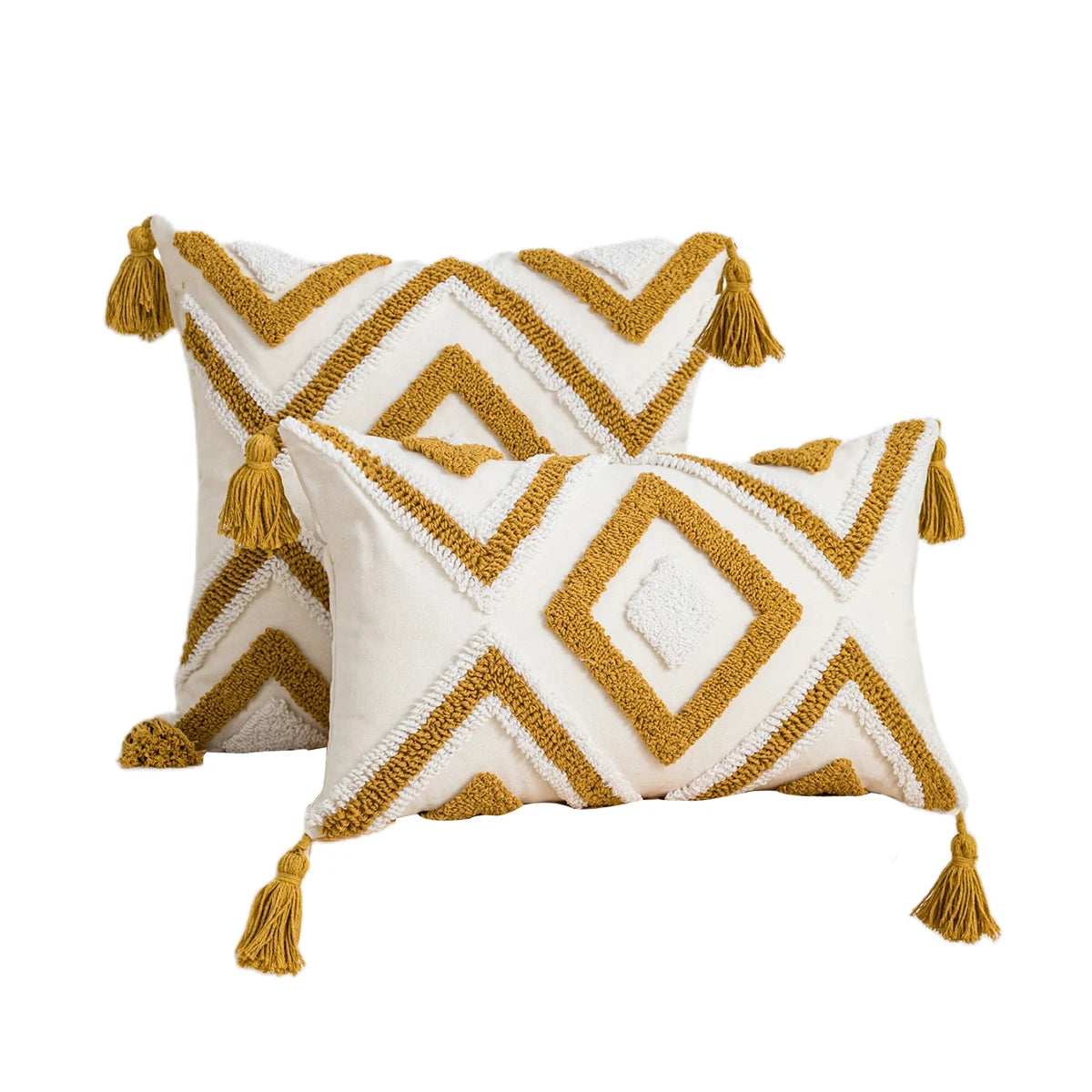 Solaris Boho Golden Brown Geometric Pillow Cover - 100% Cotton Tufted Cushion
