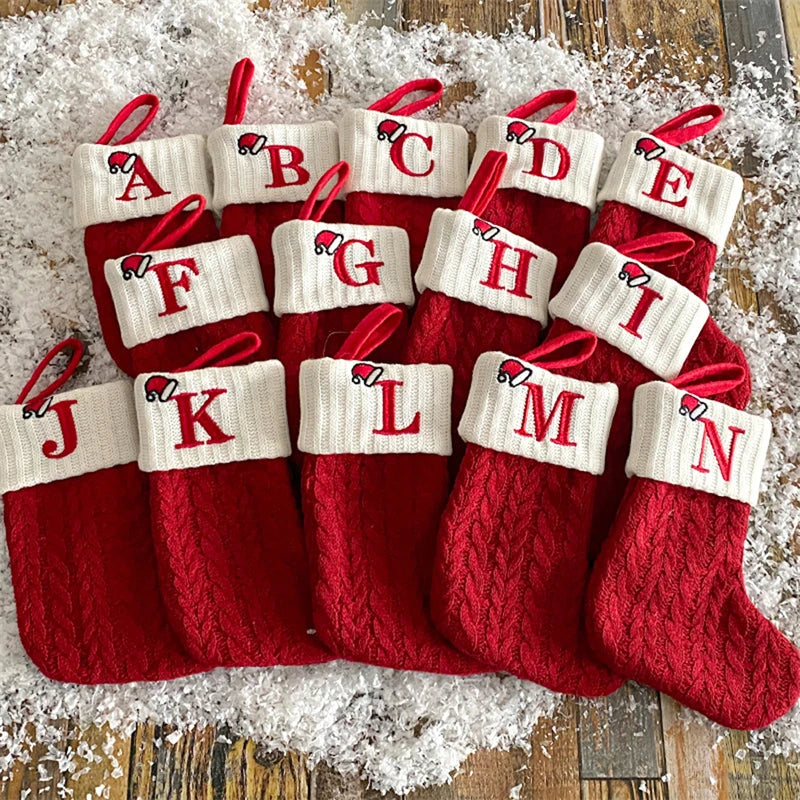 Berry Christmas Alphabet Knit Stockings - Holiday Tree Ornament Decoration