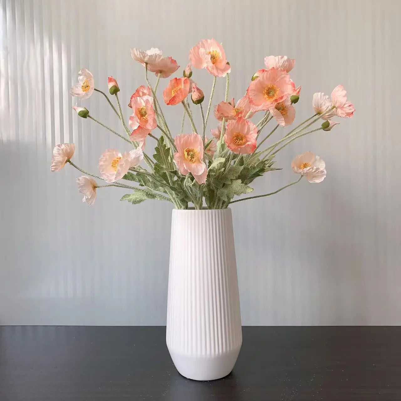 Valencia artificial poppy flowers orange silk long stem in white vase display