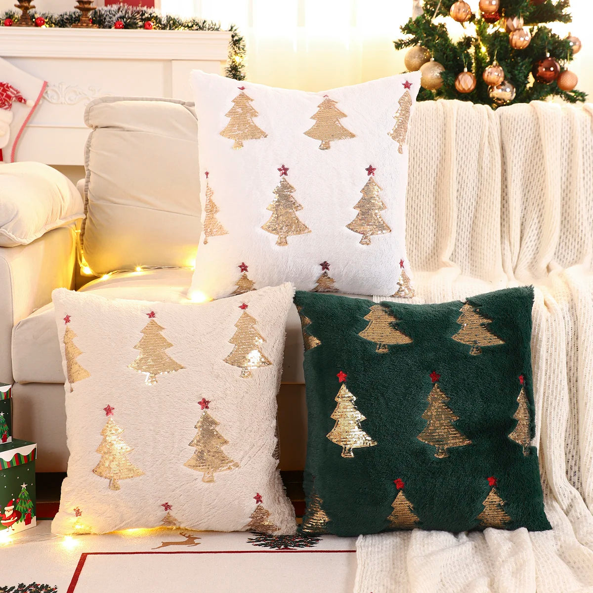 Blliss Christmas Tree Pillow Cover 18x18 - Gold Sequin Plush Decorative