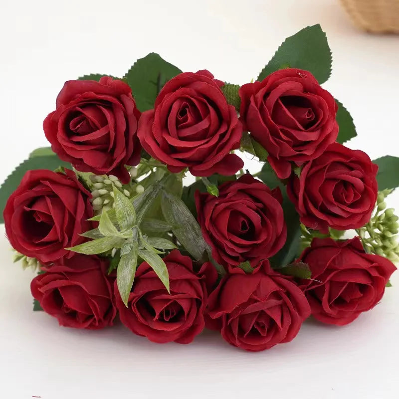 Romansia 10 Heads Rose Bouquet - Artificial Silk Flowers for Wedding Decor