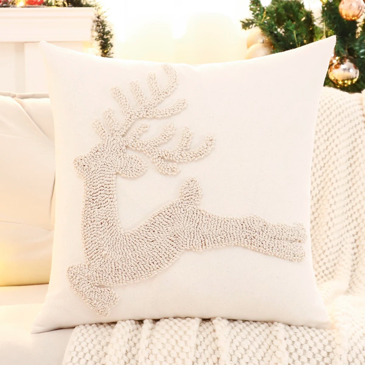Glaci Christmas Embroidered Throw Pillow Cover - Tufted Snowflake & Reindeer Design