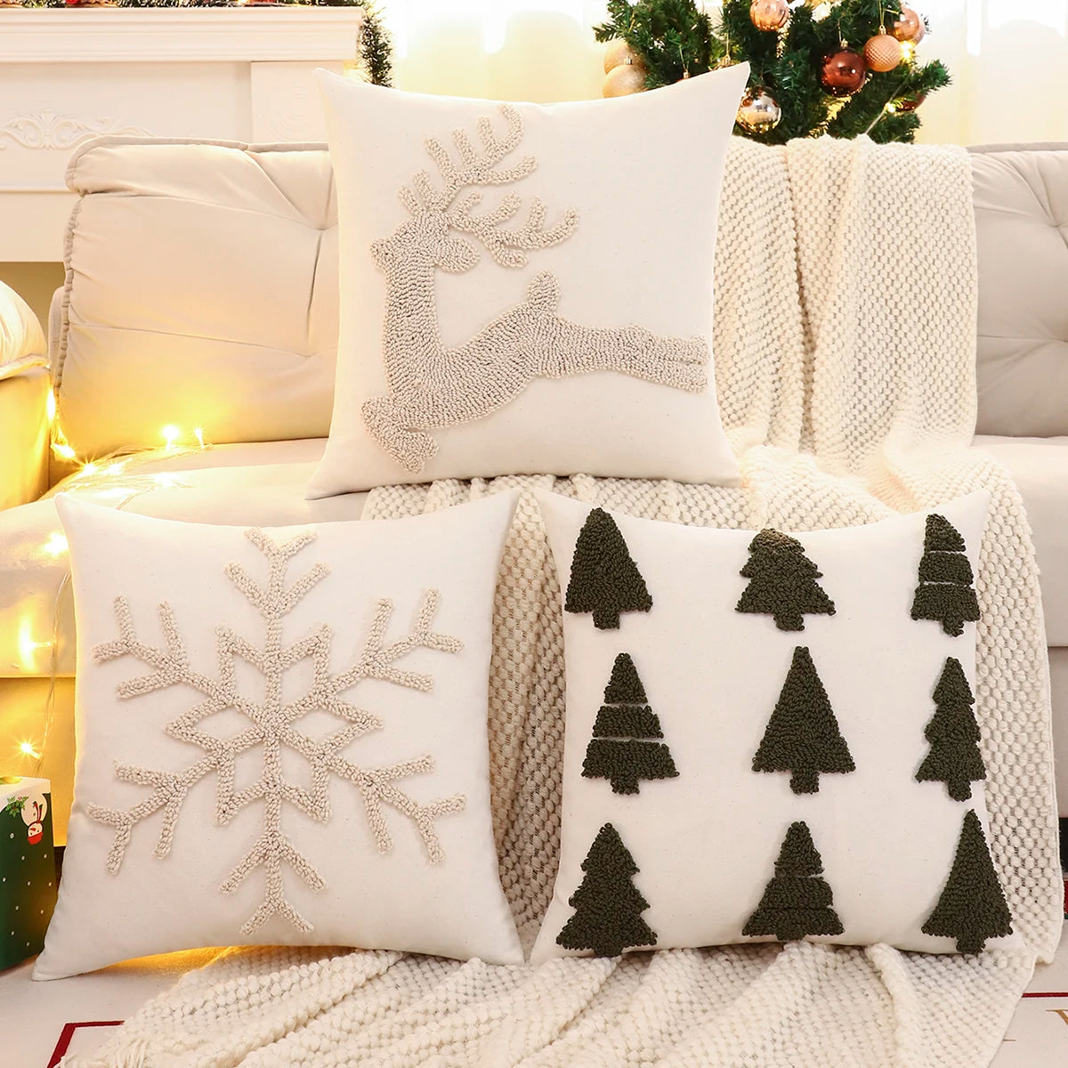 Glaci Christmas Embroidered Throw Pillow Cover - Tufted Snowflake & Reindeer Design