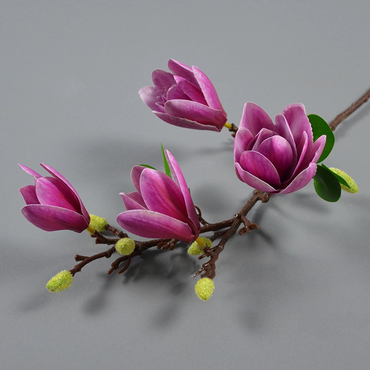Pink silk magnolia flowers - close-up of realistic blooms and branches