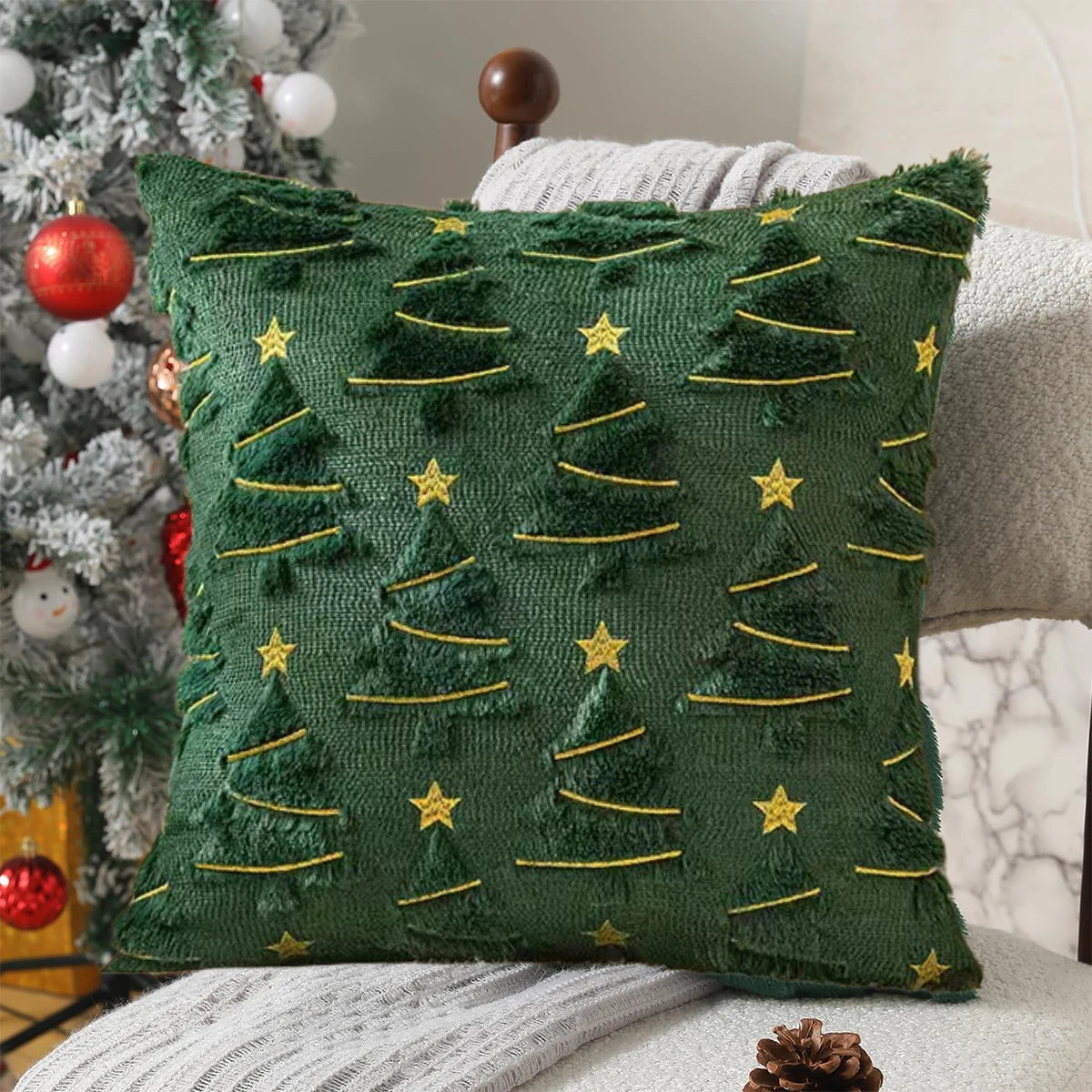 Atica Christmas Tree Pillow Cover 18x18 - Plush Velvet with Gold Stars