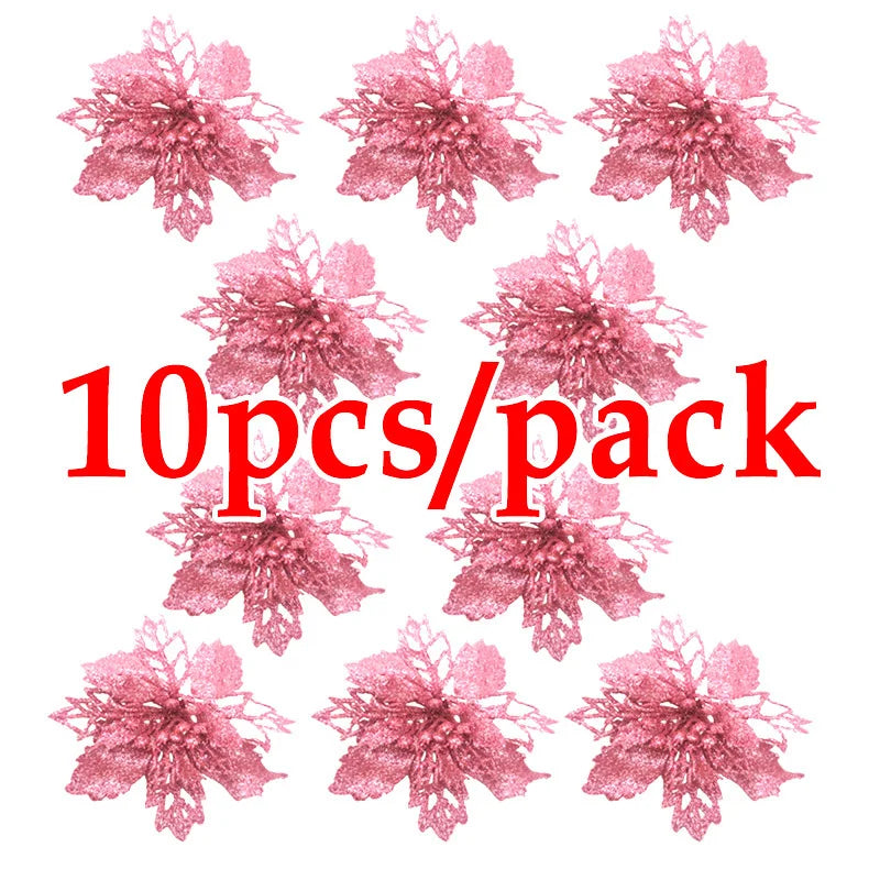 Maison 10Pcs Glitter Christmas Flower Ornaments - 8cm Artificial Holiday Tree Decorations