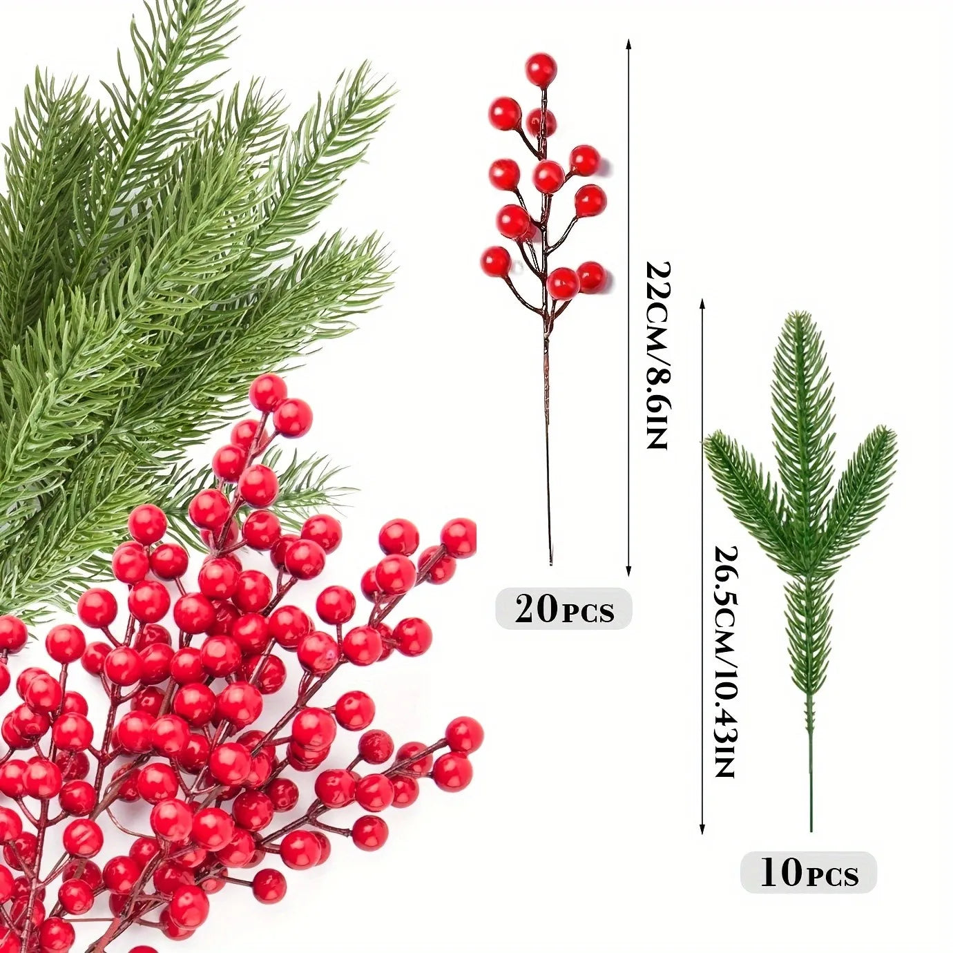 Merri 10Pcs Artificial Pine Branches Holly Berries - Christmas Tree Decoration