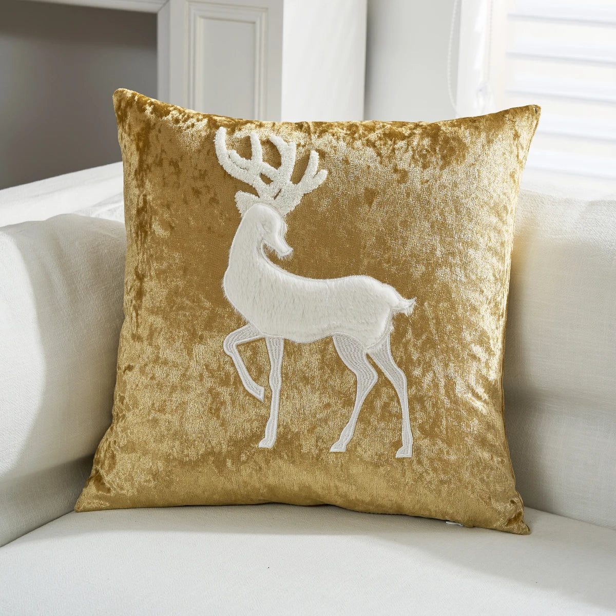 Pintara Christmas Pillow Cover 18x18 - Gold Velvet with Embroidered Designs