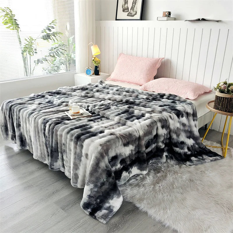 Gloria Premium Faux Rabbit Fur Throw Blanket - Ultra-Soft Tie-Dye Plush for Sofa & Bed