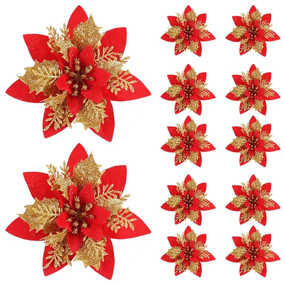 Horace 14.5cm Glitter Christmas Flower Ornaments - Artificial Tree Decorations in Pink, Red, Gold