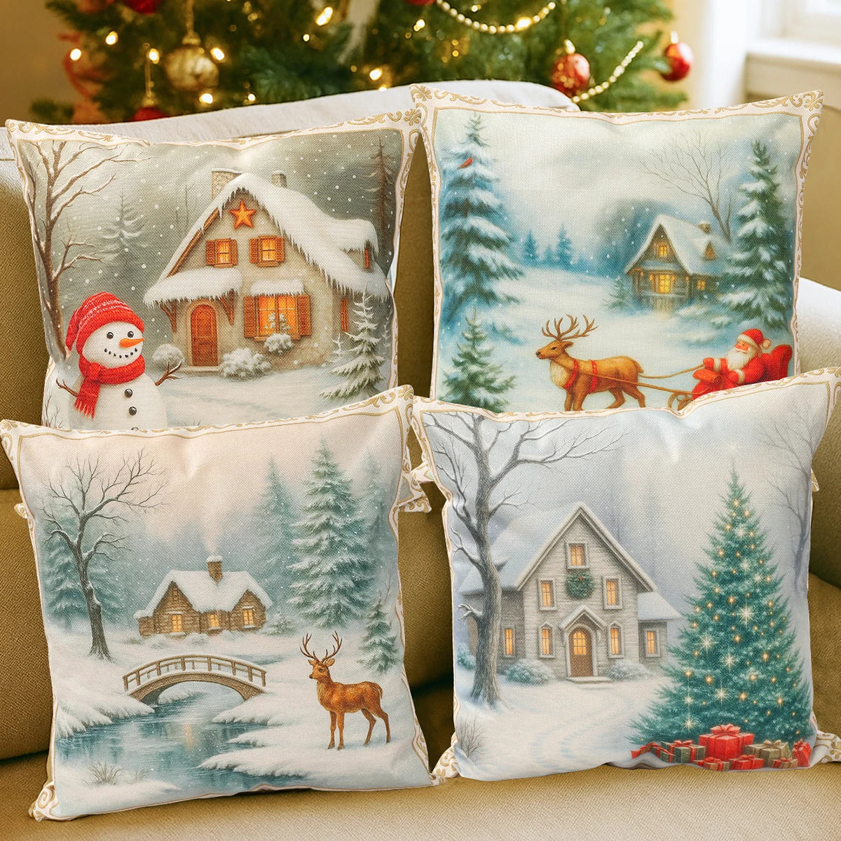 Zenara 4Pcs Christmas Linen Cushion Covers - Holiday Pillowcases