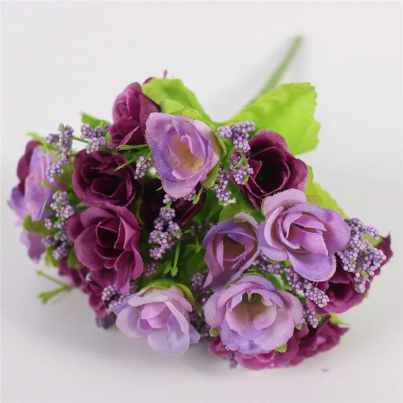 Purple small bud rose bouquet - 15 heads artificial flowers for home decoration