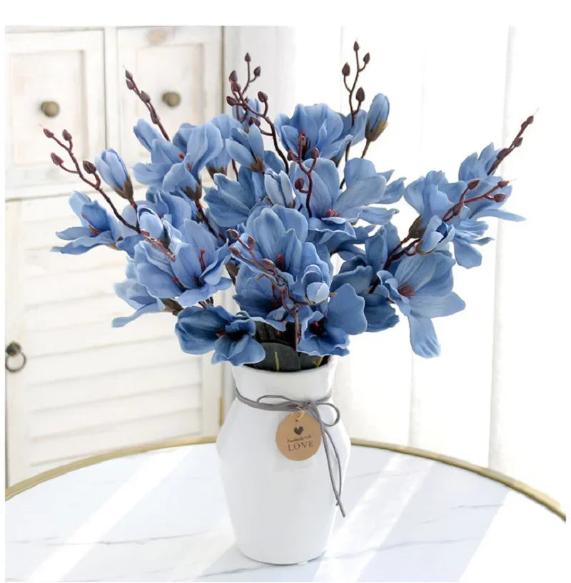 Magnolia bouquet 20 heads blue artificial flowers close-up display