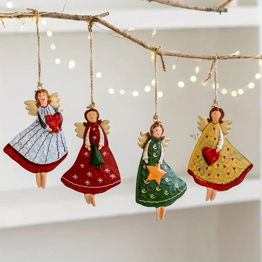 Zarah Vintage Angel Hanging Decorations - 4 Pack Wooden Christmas Tree Ornaments
