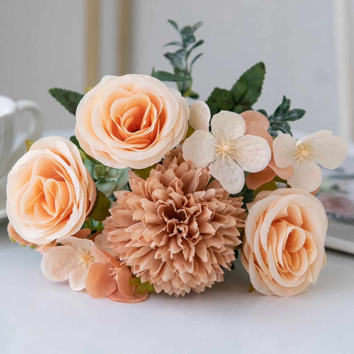 Orange coral artificial peony and rose arrangement