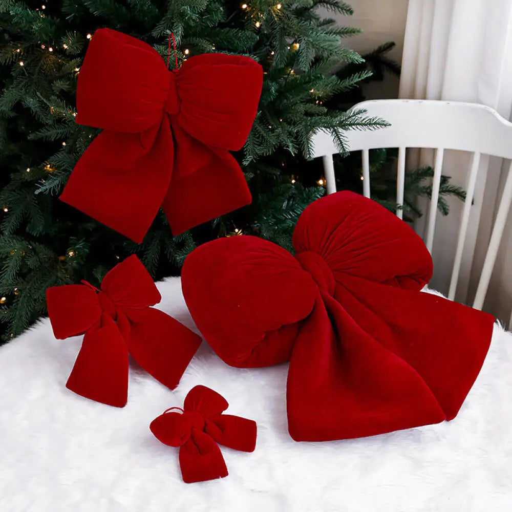 Caelie Red Flocked Christmas Bow Ornament - Velvet Holiday Tree & Wreath Decoration
