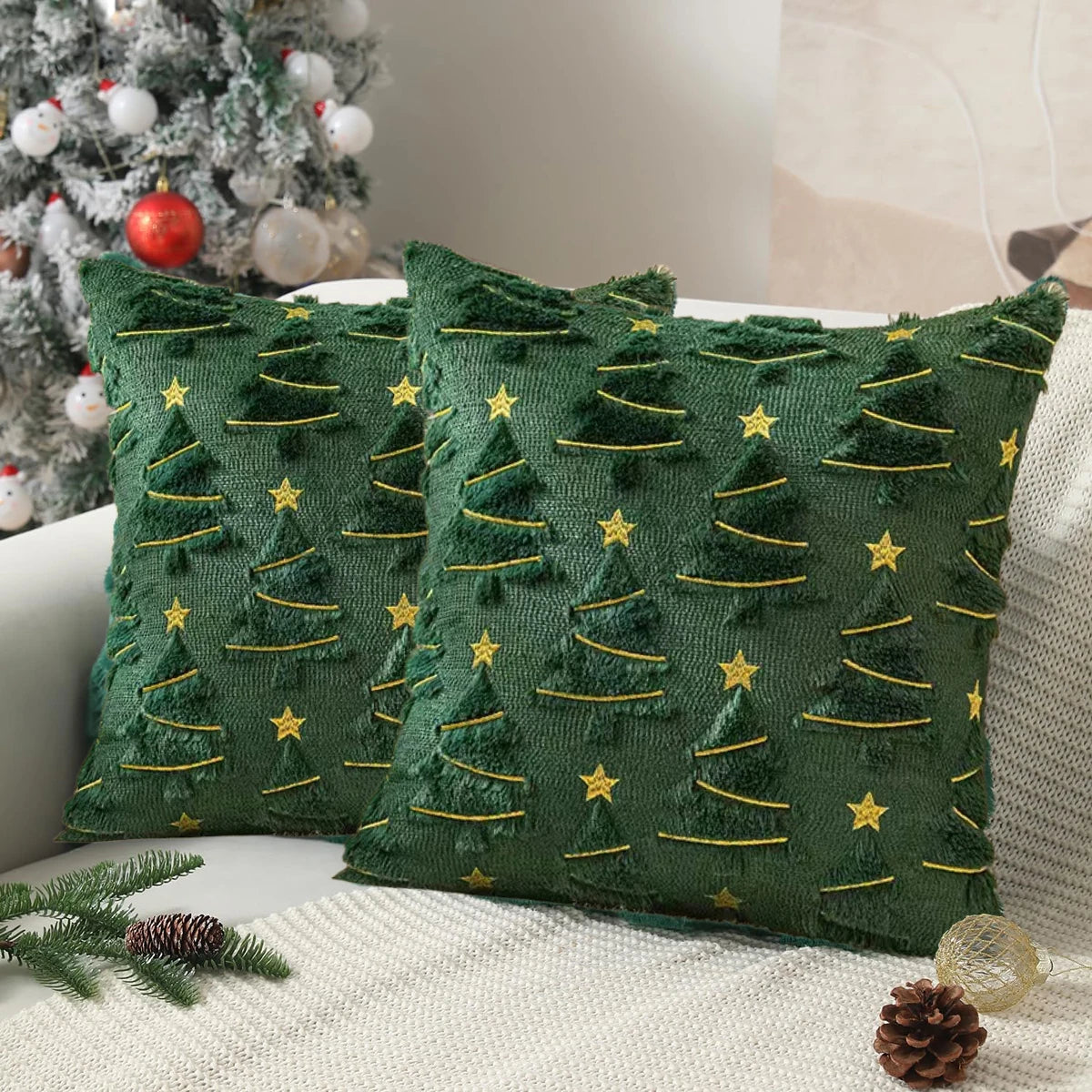 Atica Christmas Tree Pillow Cover 18x18 - Plush Velvet with Gold Stars