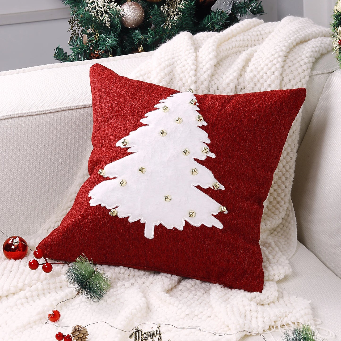 Tensy Christmas Tree Embroidery Pillow Cover with Golden Bells - 18x18 Xmas Cushion