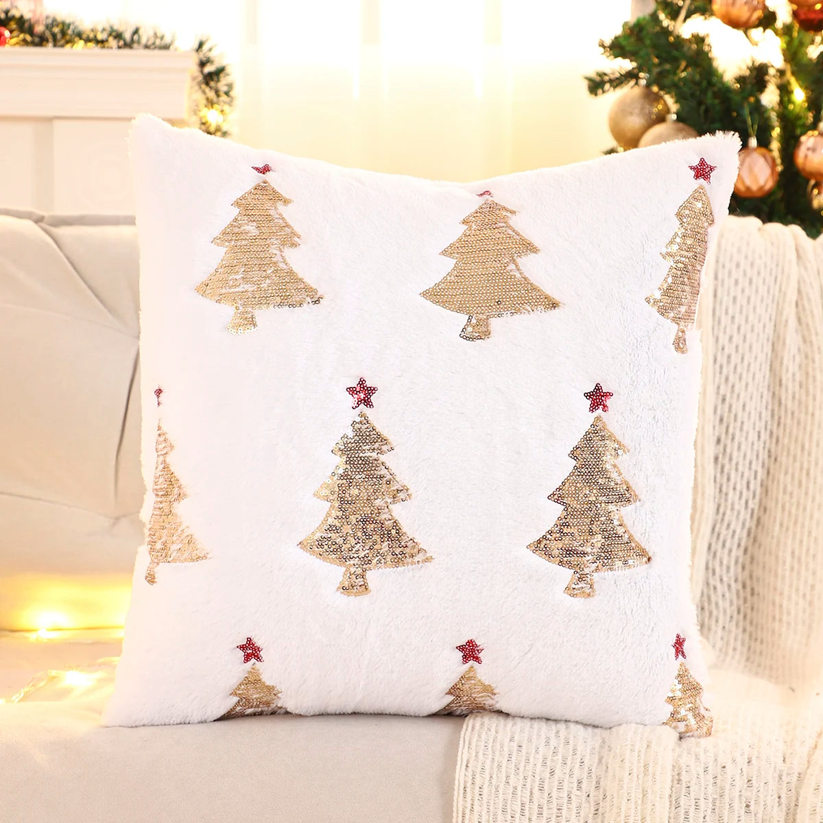 Blliss Christmas Tree Pillow Cover 18x18 - Gold Sequin Plush Decorative