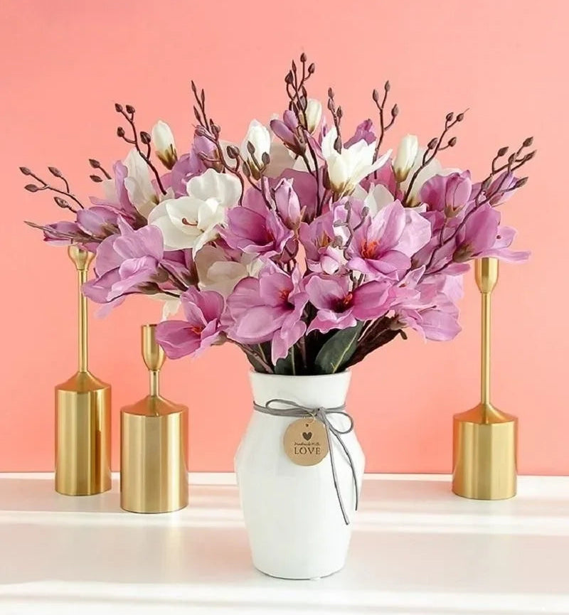 Magnolia bouquet 20 heads pink artificial flowers in clear vase styling