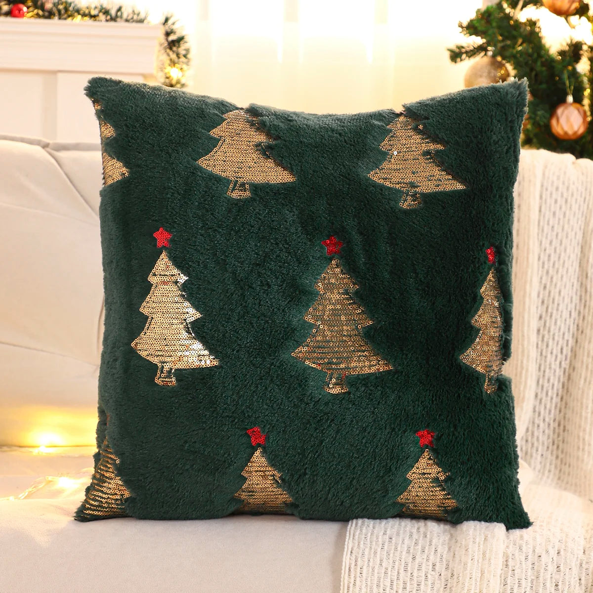 Blliss Christmas Tree Pillow Cover 18x18 - Gold Sequin Plush Decorative