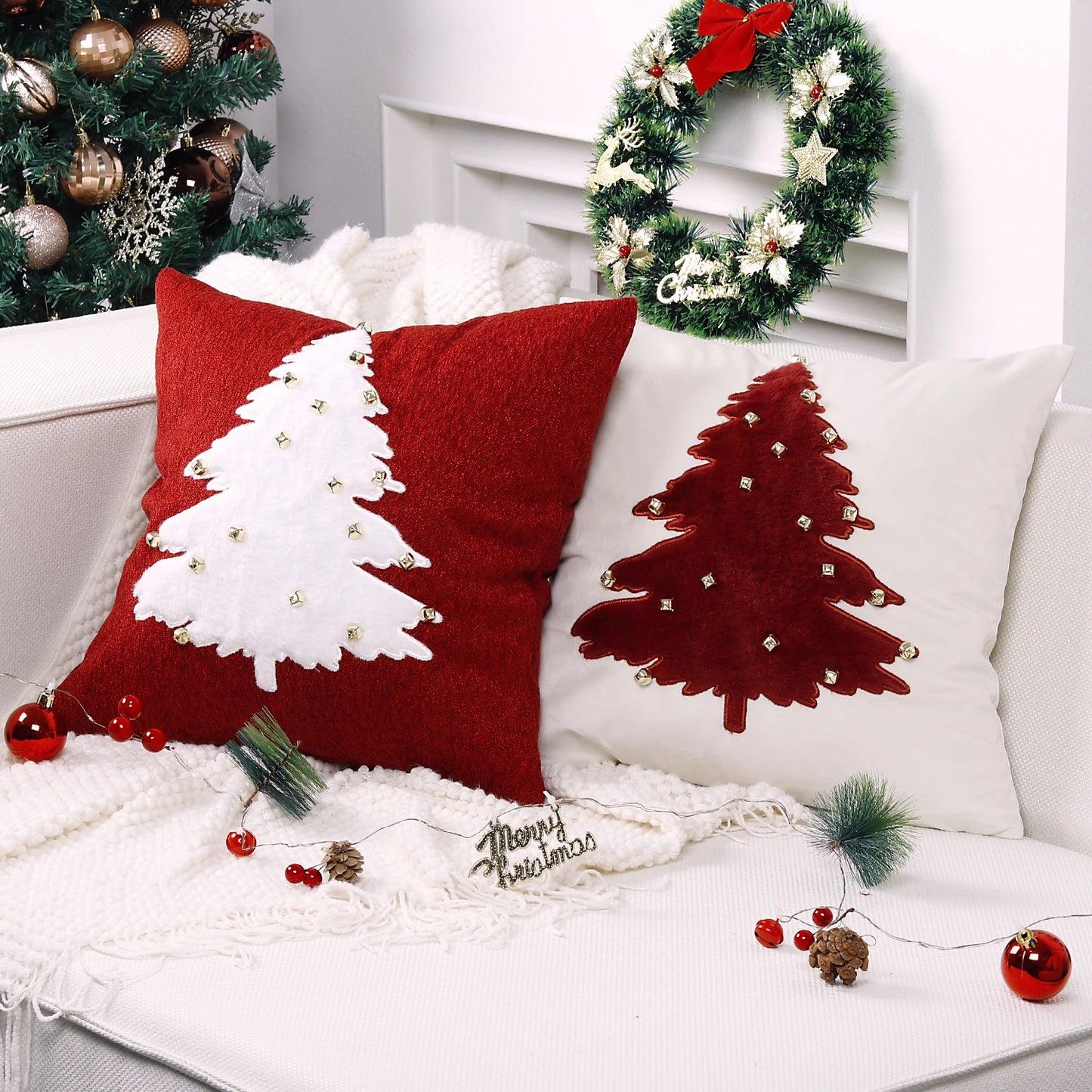 Tensy Christmas Tree Embroidery Pillow Cover with Golden Bells - 18x18 Xmas Cushion