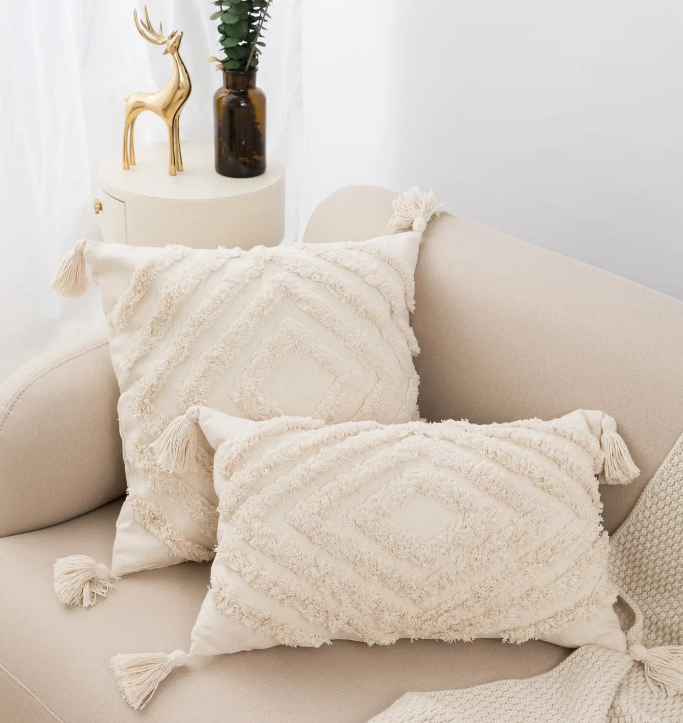 Isabelle Beige Tufted Lumbar Pillow Cover - Decorative Fringe Cushion