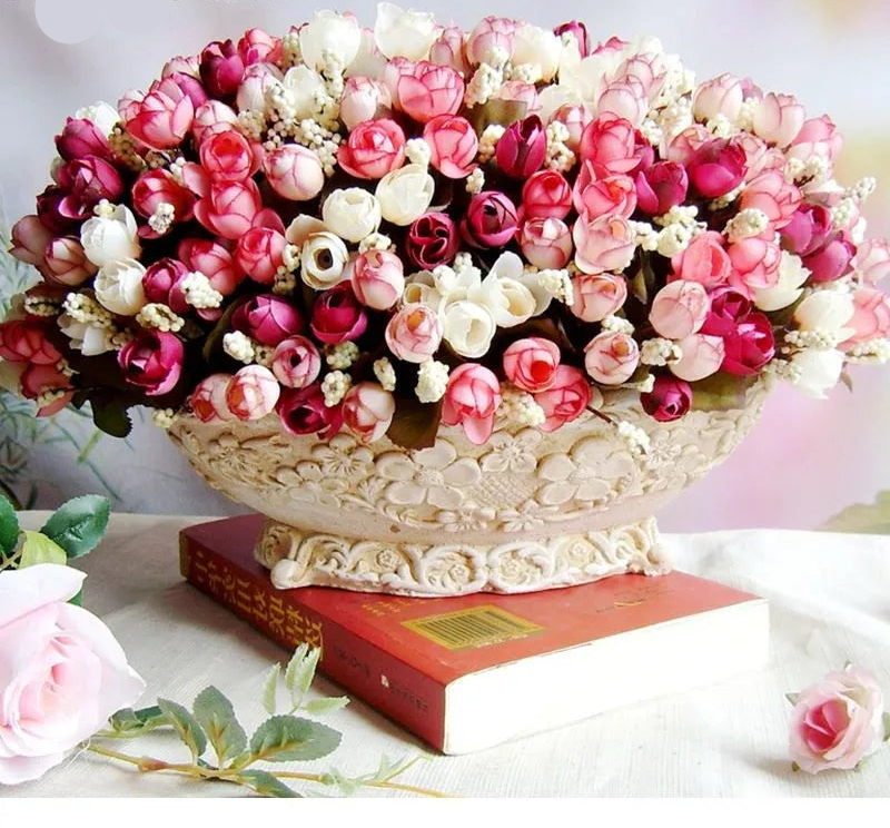 Mixed color small bud rose bouquet with 15 artificial flower heads for home decor